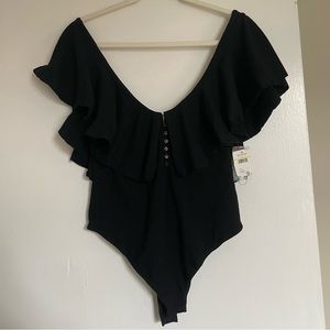 Free People Black Ruffle Bodysuit with Thong Clasp Closure
